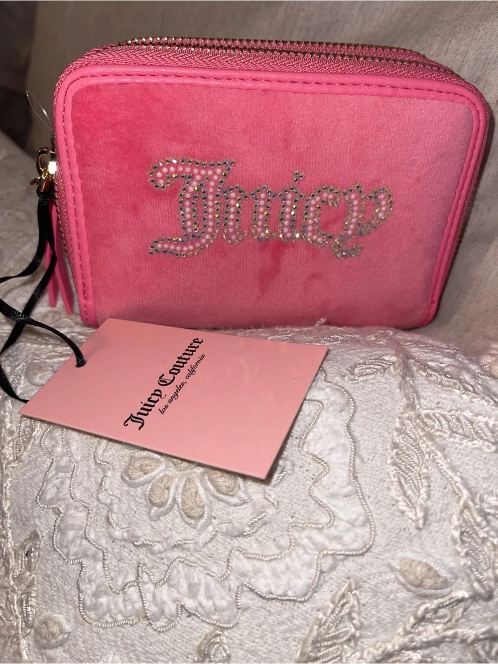 Juicy Couture Hot Pink Velvet Crystal Logo Zip Wallet
